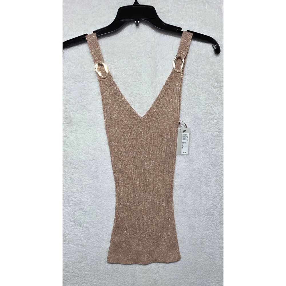 River Island Rose Gold Metallic Knit V-Neck Camisole Top Gold Hardware Small NEW